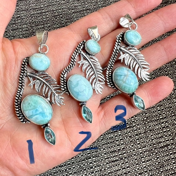 925 Caribbean Larimar + Feather Blue Topaz Necklace Pendant - Picture 8 of 10